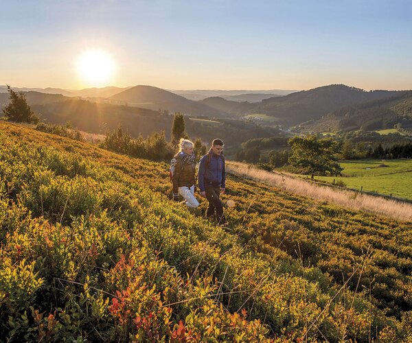 Ein Paar wandert durch die hügelige Landschaft des Sauerlandes im Herbst