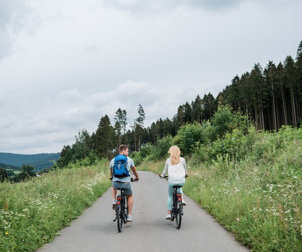 Zwei Gäste des Aktivhotels am Winterberg genießen eine Fahrradtour im Gebirge 