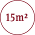 Rundes Symbol mit rotem Rand und der Aufschrift '15m2' in roter Schrift auf weißem Hintergrund.