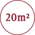 Rundes Symbol mit rotem Rand und der Aufschrift 20m2 auf weißem Hintergrund.