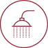 Rundes rotes Icon eines Duschkopfs mit fallenden Wassertröpfchen
