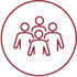 Rundes rotes Piktogramm mit mehreren stilisierten Personenfiguren, die Gruppe darstellen