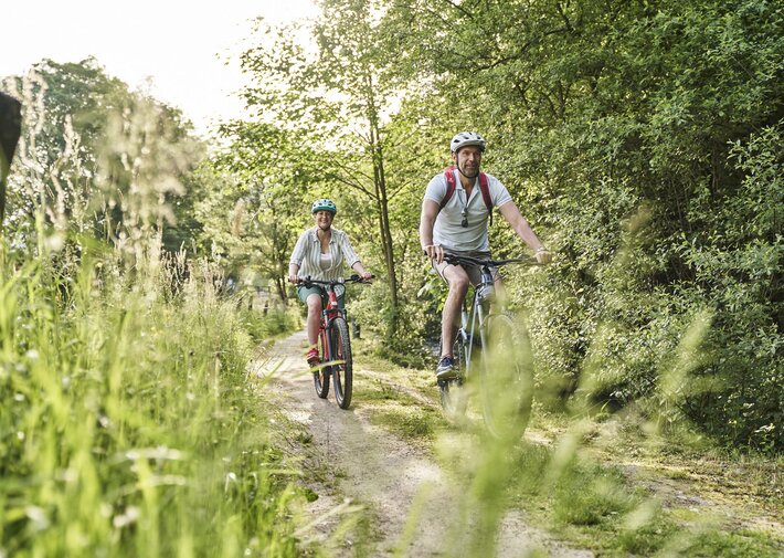 Zwei Radfahrer mit Helmen fahren auf einem schmalen Waldweg, umgeben von Gras, Bäumen und grünem Unterholz
