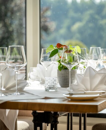Gedeckter Esstisch im Hotel Störmann im Sauerland: gefaltete weiße Servietten, Wein- und Wassergläser, Pflanze in einer Vase, vor einem großen Fenster mit Blick ins Grüne.