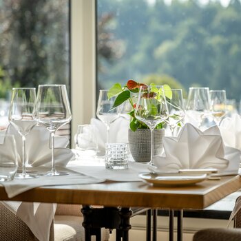 Gedeckter Esstisch im Hotel Störmann im Sauerland: gefaltete weiße Servietten, Wein- und Wassergläser, Pflanze in einer Vase, vor einem großen Fenster mit Blick ins Grüne.